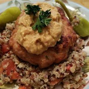 quinoa and chicken burger hummis salad